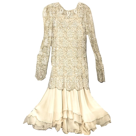 Vintage Ivory Lace, Chiffon & Sequin Dress (2 piece) Size Small - Picture 3 of 16